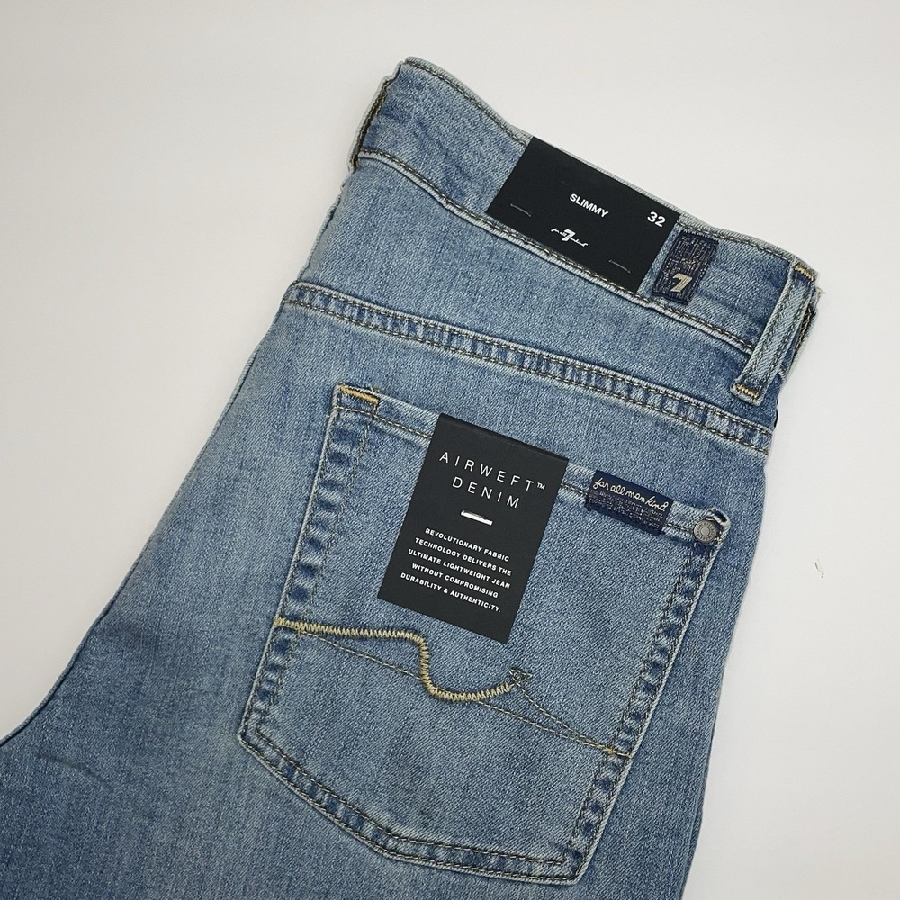 7 For All Mankind Slimmy Jeans Mens 32x33 Slim Straight Light Blue Wash Airweft